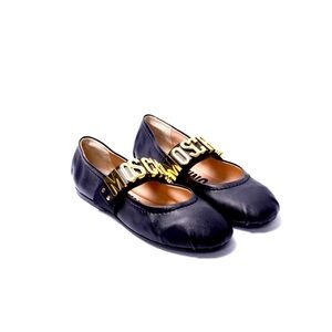 Moschino Black Leather Ballet Flats Gold Lettering Logo Metallic 37 EU 7 US